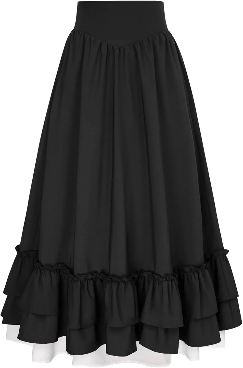 Renaissance Ruffle Skirts for Women Double Layered High Waisted Midi Skirts Elastic Tiered Goth Maxi Skirt