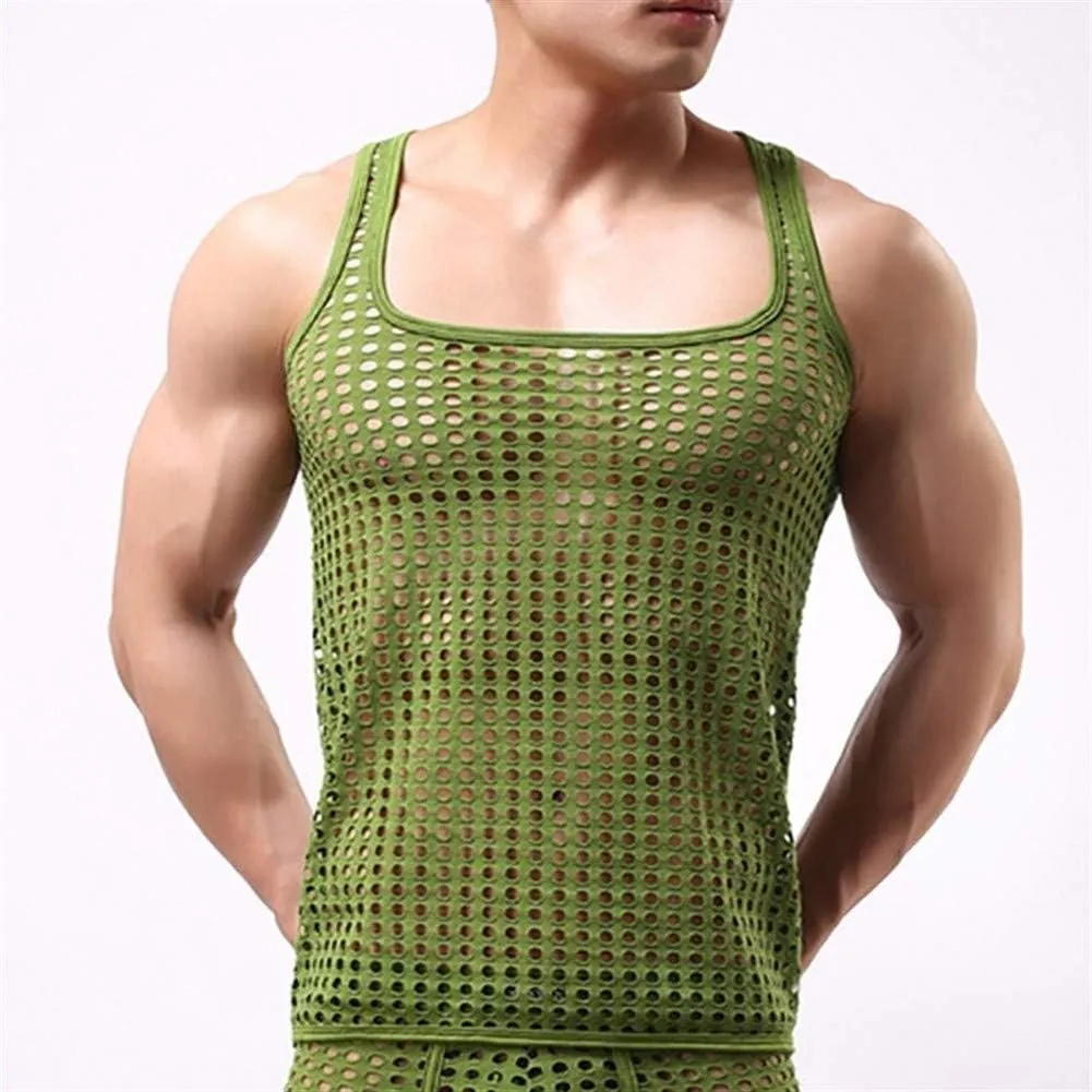 RENLIANG-CLOTH Mens Tank Tops Undershirts Mesh Hollow Out See Through Shirts Fishnet T Shirts Sports Fitness Vest