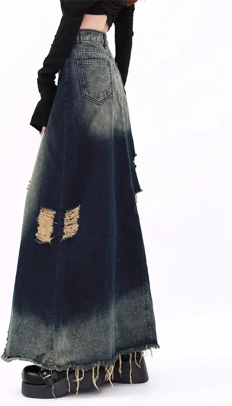 Ripped Denim Skirts for Women High Waisted Washed A Line Long Skirts High Street Vintage Y2k Skirts