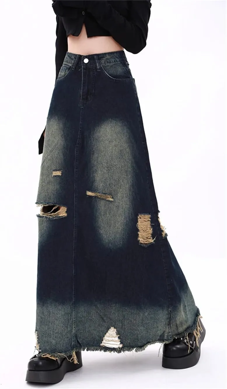 Ripped Denim Skirts for Women High Waisted Washed A Line Long Skirts High Street Vintage Y2k Skirts