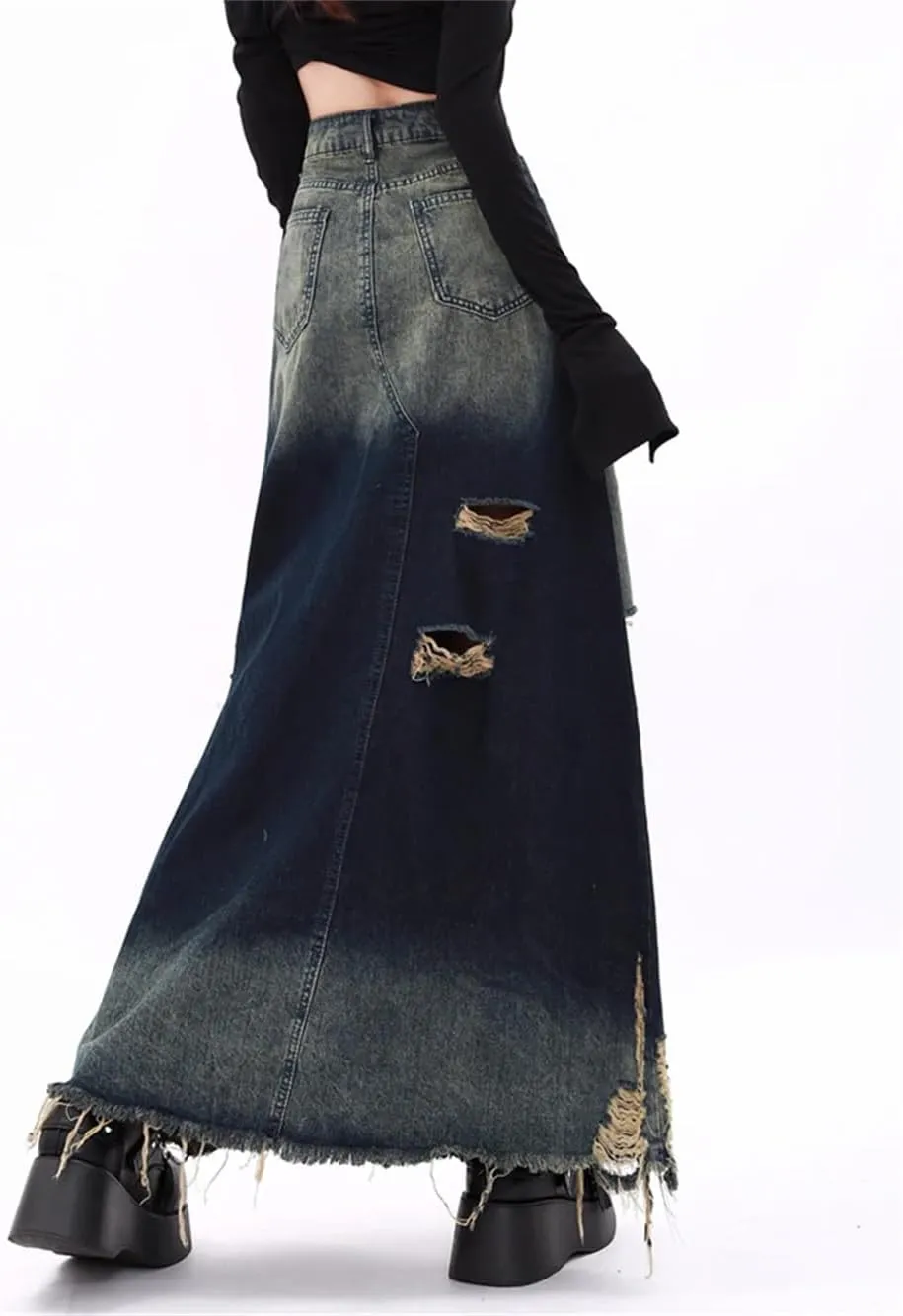 Ripped Denim Skirts for Women High Waisted Washed A Line Long Skirts High Street Vintage Y2k Skirts