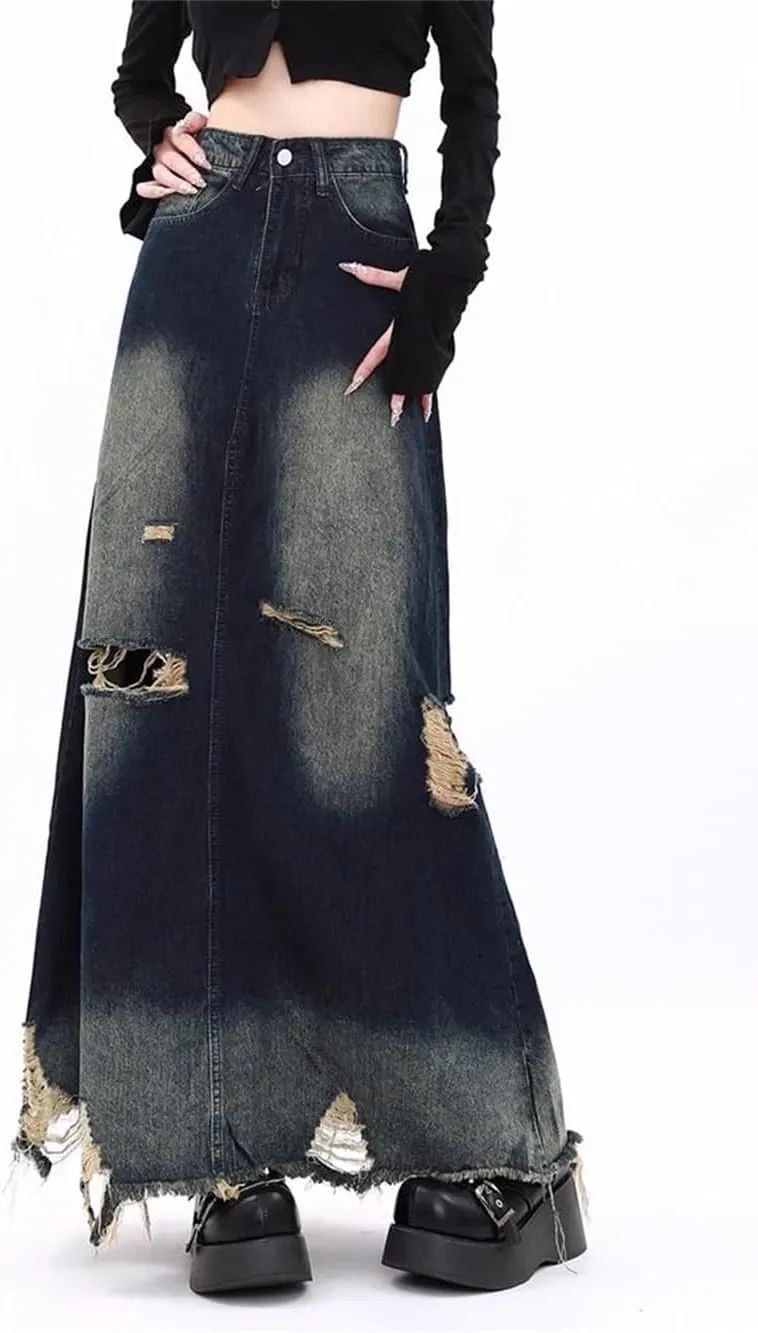 Ripped Denim Skirts for Women High Waisted Washed A Line Long Skirts High Street Vintage Y2k Skirts