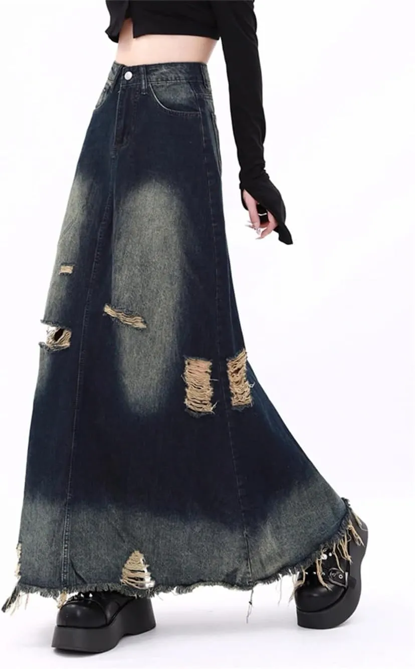 Ripped Denim Skirts for Women High Waisted Washed A Line Long Skirts High Street Vintage Y2k Skirts