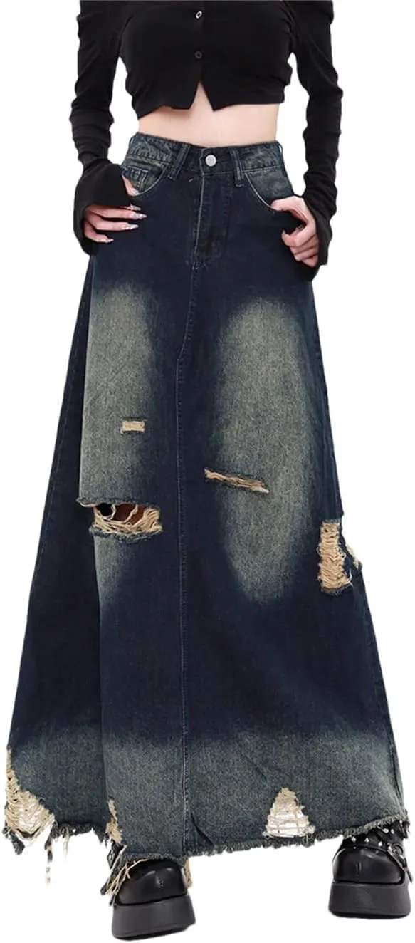 Ripped Denim Skirts for Women High Waisted Washed A Line Long Skirts High Street Vintage Y2k Skirts