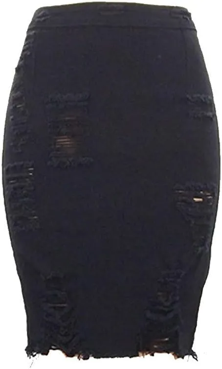 Ripped Distressed Denim Skirt for Women Summer High Waisted Pencil Skirt Sexy Bodycon Skirt