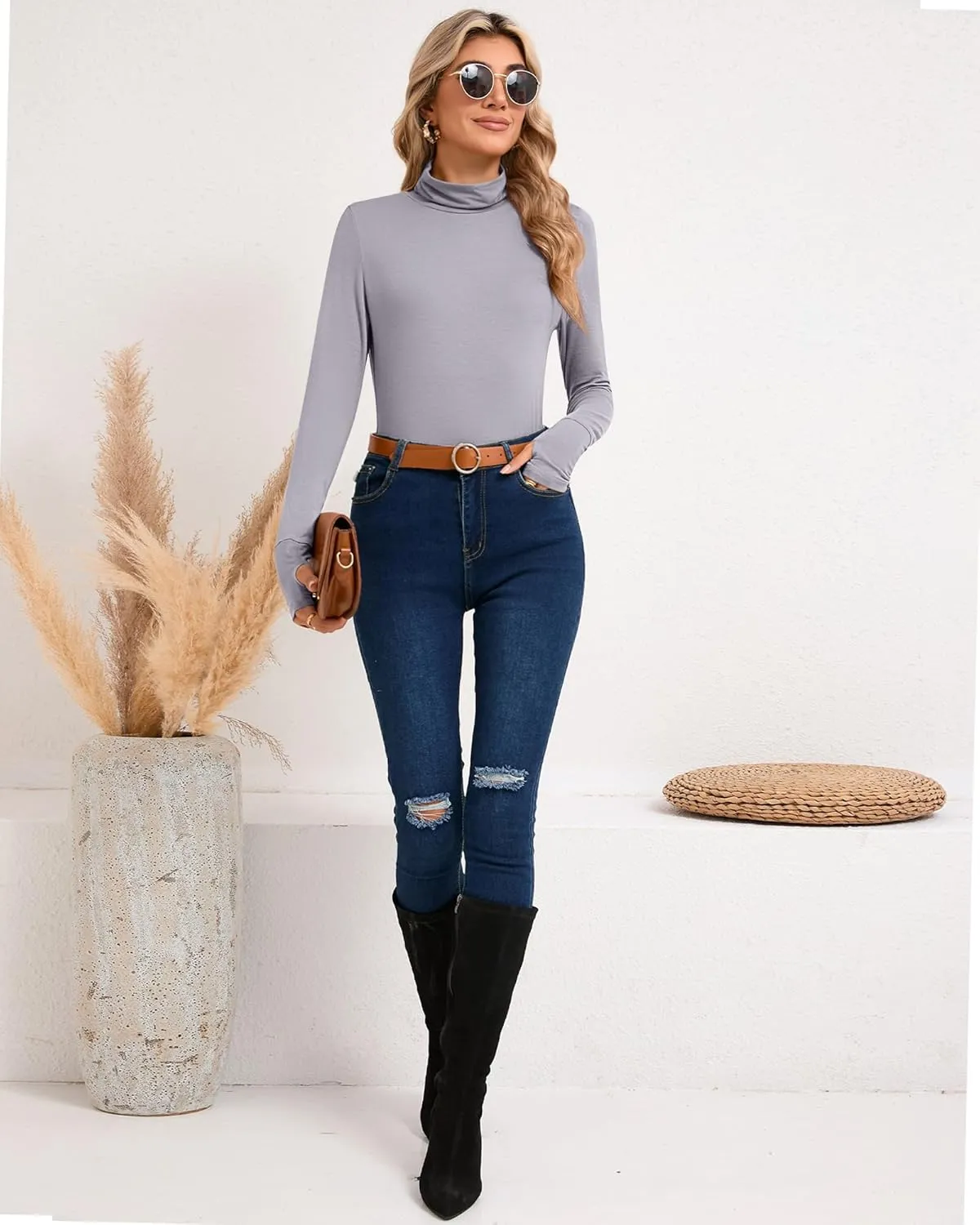Riyiper 3 Pack Women's Turtleneck Shirts, Long Sleeve Slim Undershirts Lightweight Thumb Holes T Shirts Basic Active Tops