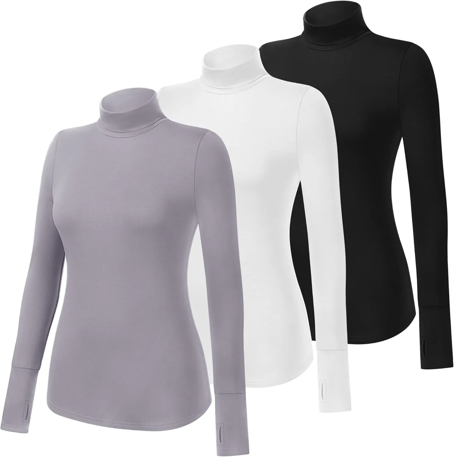 Riyiper 3 Pack Women's Turtleneck Shirts, Long Sleeve Slim Undershirts Lightweight Thumb Holes T Shirts Basic Active Tops