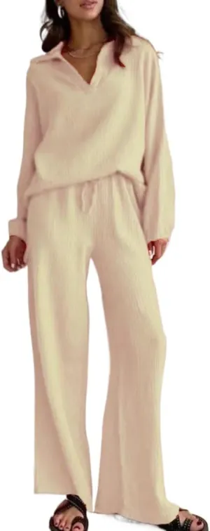 RONGTAI Womens 2 Piece Outfits Casual Long Sleeve Button Down Top Wide Leg Pant 2 Pcs Loungewear With Pocket Pajama Sets