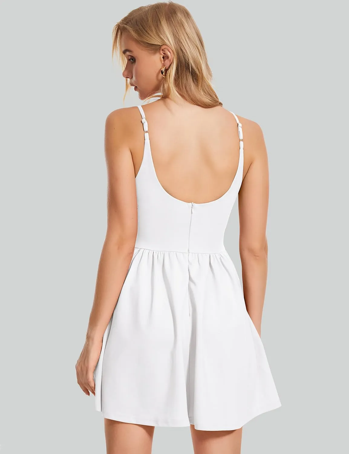 ROYLAMP Women's Casual Spaghetti Strap Dresses Elegant V-Neck A-line Swing Petite Tiered Short Mini Dress with Pockets