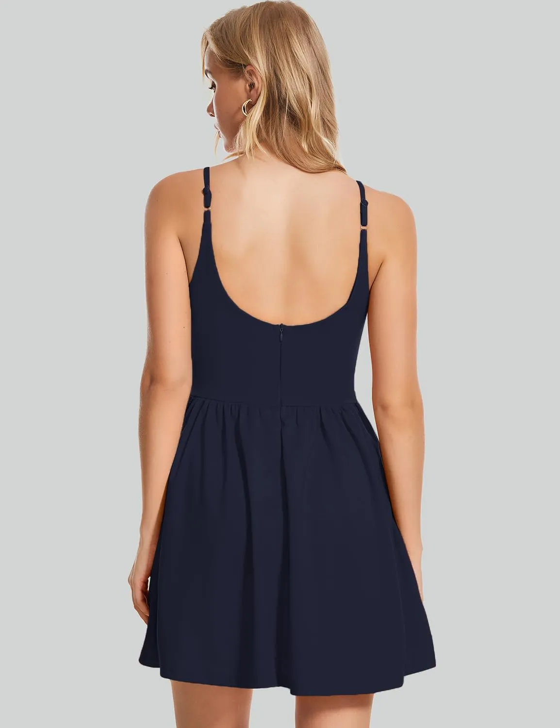ROYLAMP Women's Casual Spaghetti Strap Dresses Elegant V-Neck A-line Swing Petite Tiered Short Mini Dress with Pockets