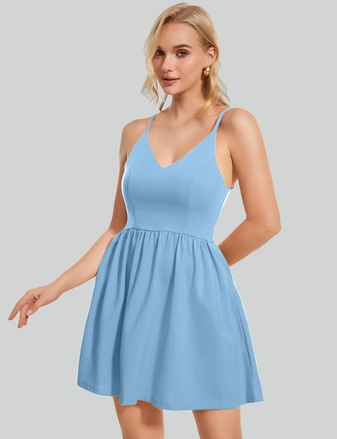 ROYLAMP Women's Casual Spaghetti Strap Dresses Elegant V-Neck A-line Swing Petite Tiered Short Mini Dress with Pockets