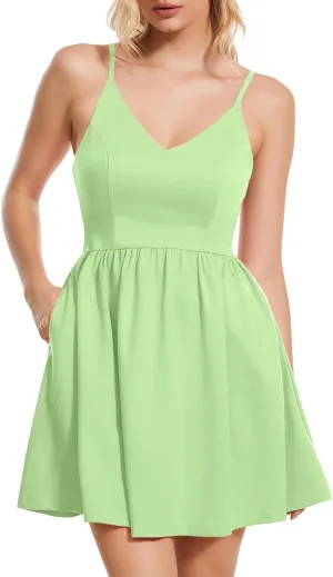 ROYLAMP Women's Casual Spaghetti Strap Dresses Elegant V-Neck A-line Swing Petite Tiered Short Mini Dress with Pockets