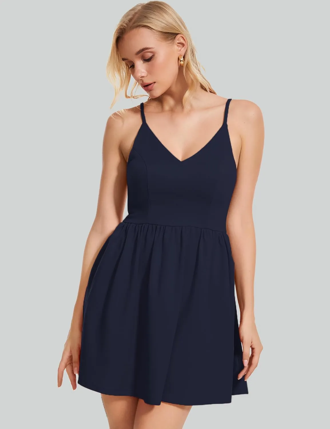 ROYLAMP Women's Casual Spaghetti Strap Dresses Elegant V-Neck A-line Swing Petite Tiered Short Mini Dress with Pockets