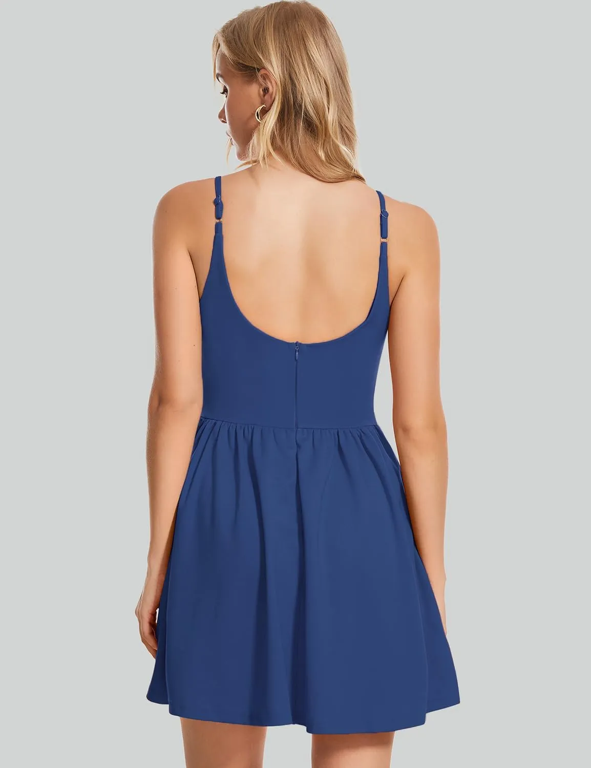 ROYLAMP Women's Casual Spaghetti Strap Dresses Elegant V-Neck A-line Swing Petite Tiered Short Mini Dress with Pockets