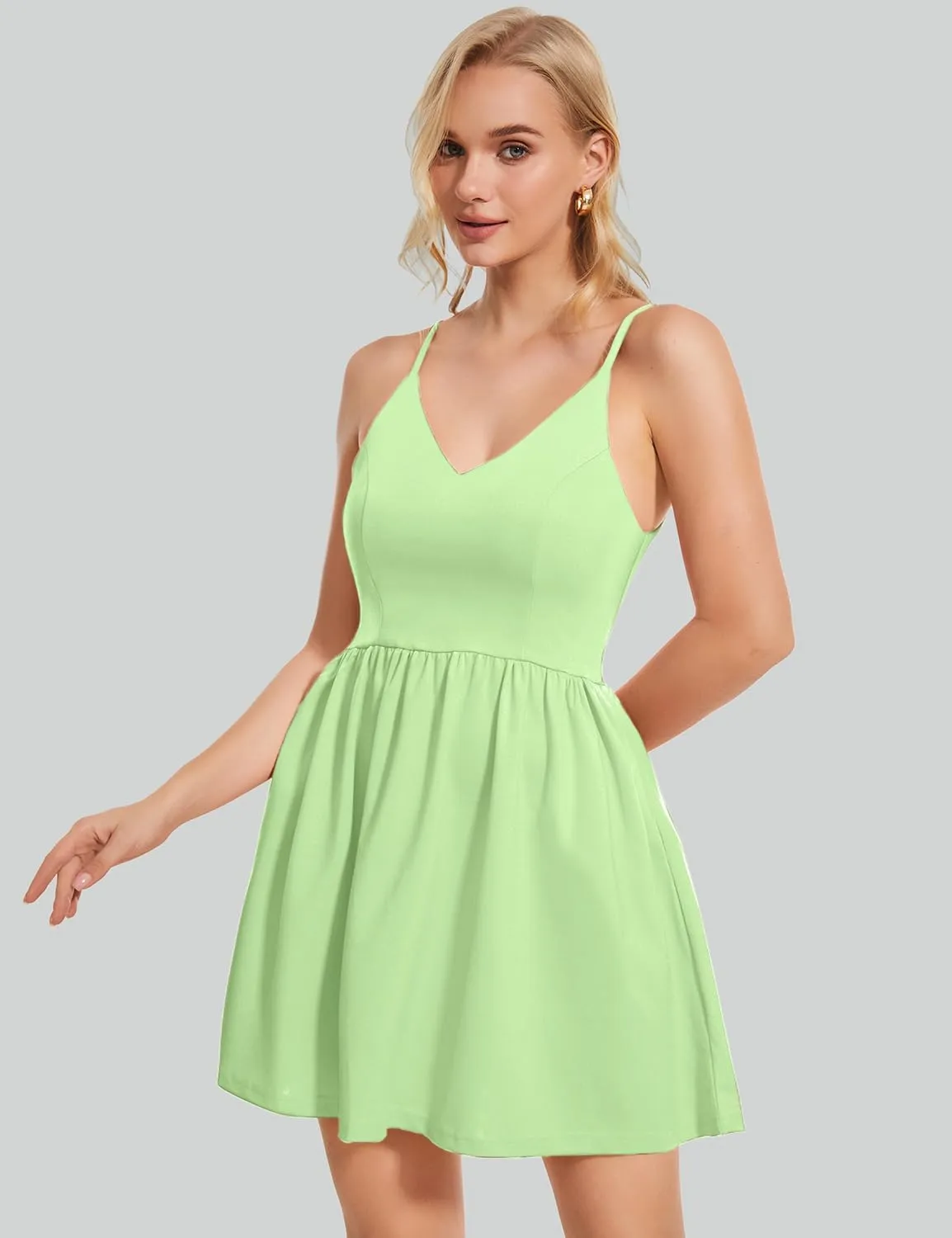 ROYLAMP Women's Casual Spaghetti Strap Dresses Elegant V-Neck A-line Swing Petite Tiered Short Mini Dress with Pockets