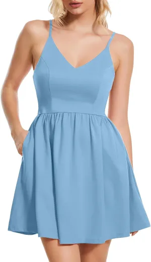 ROYLAMP Women's Casual Spaghetti Strap Dresses Elegant V-Neck A-line Swing Petite Tiered Short Mini Dress with Pockets