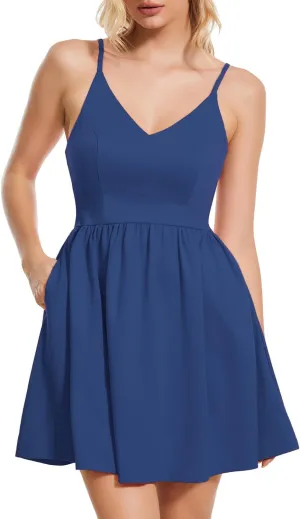 ROYLAMP Women's Casual Spaghetti Strap Dresses Elegant V-Neck A-line Swing Petite Tiered Short Mini Dress with Pockets