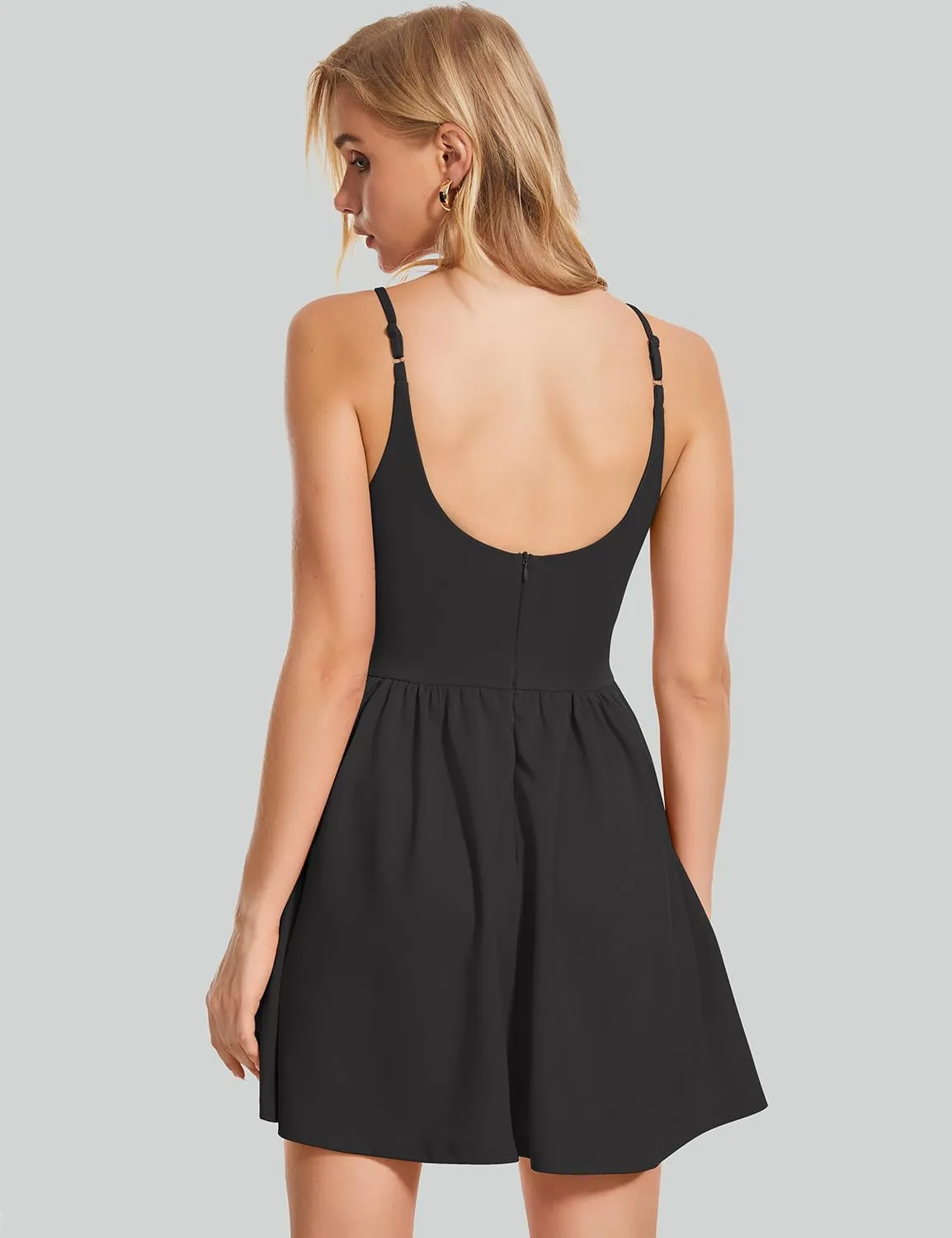 ROYLAMP Women's Casual Spaghetti Strap Dresses Elegant V-Neck A-line Swing Petite Tiered Short Mini Dress with Pockets