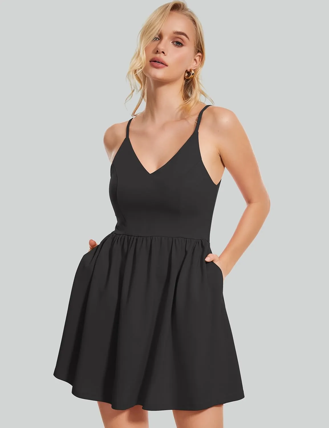 ROYLAMP Women's Casual Spaghetti Strap Dresses Elegant V-Neck A-line Swing Petite Tiered Short Mini Dress with Pockets