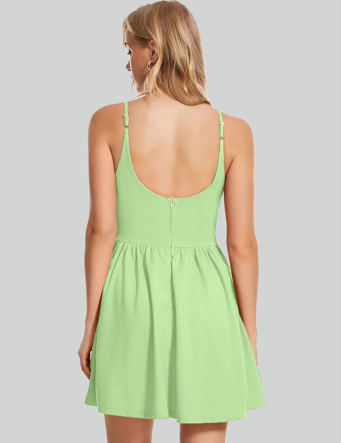 ROYLAMP Women's Casual Spaghetti Strap Dresses Elegant V-Neck A-line Swing Petite Tiered Short Mini Dress with Pockets
