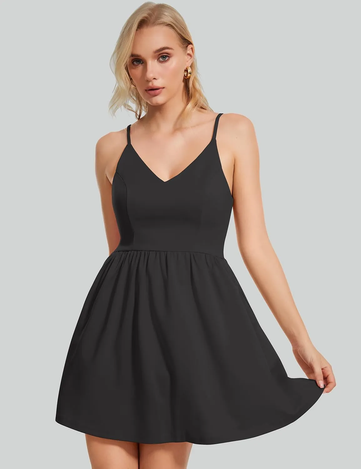 ROYLAMP Women's Casual Spaghetti Strap Dresses Elegant V-Neck A-line Swing Petite Tiered Short Mini Dress with Pockets