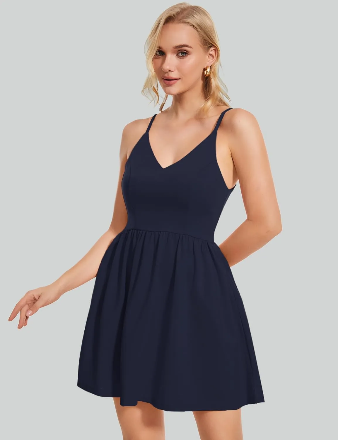 ROYLAMP Women's Casual Spaghetti Strap Dresses Elegant V-Neck A-line Swing Petite Tiered Short Mini Dress with Pockets