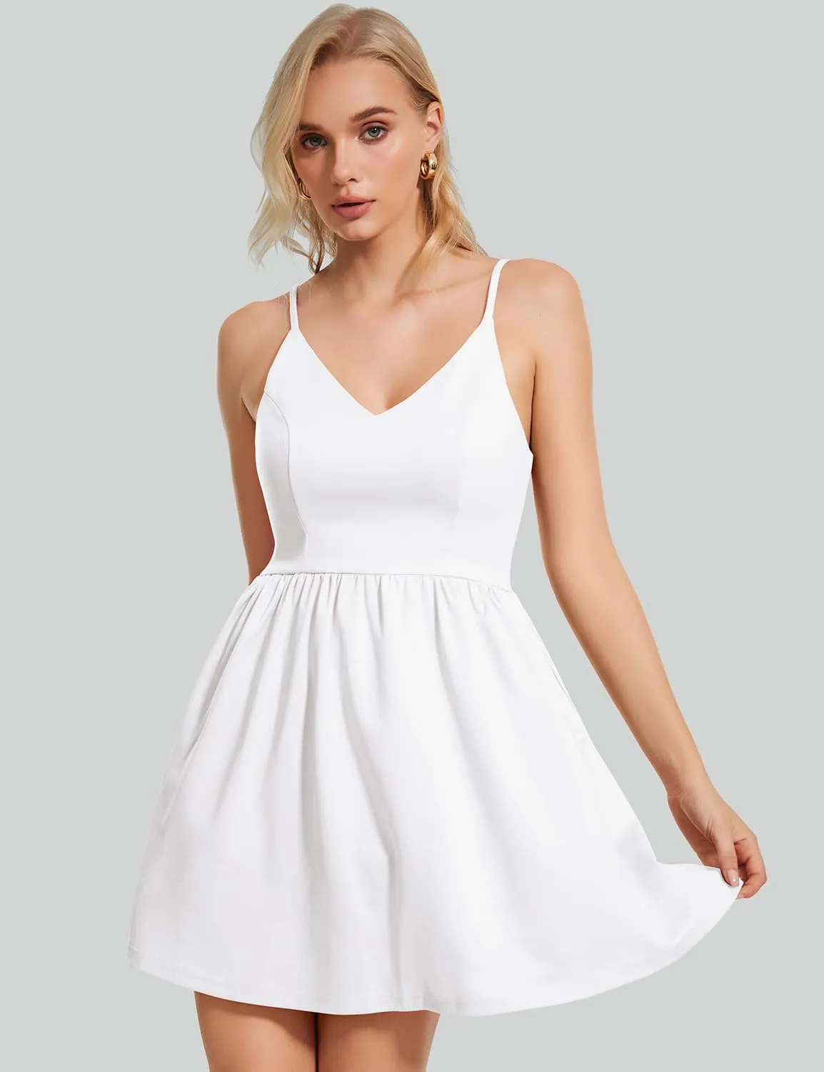 ROYLAMP Women's Casual Spaghetti Strap Dresses Elegant V-Neck A-line Swing Petite Tiered Short Mini Dress with Pockets