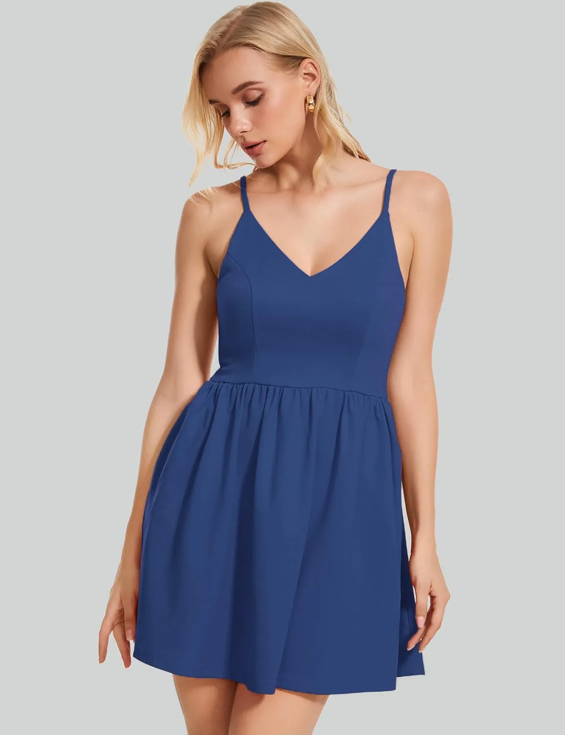 ROYLAMP Women's Casual Spaghetti Strap Dresses Elegant V-Neck A-line Swing Petite Tiered Short Mini Dress with Pockets