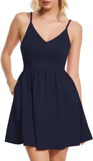 ROYLAMP Women's Casual Spaghetti Strap Dresses Elegant V-Neck A-line Swing Petite Tiered Short Mini Dress with Pockets