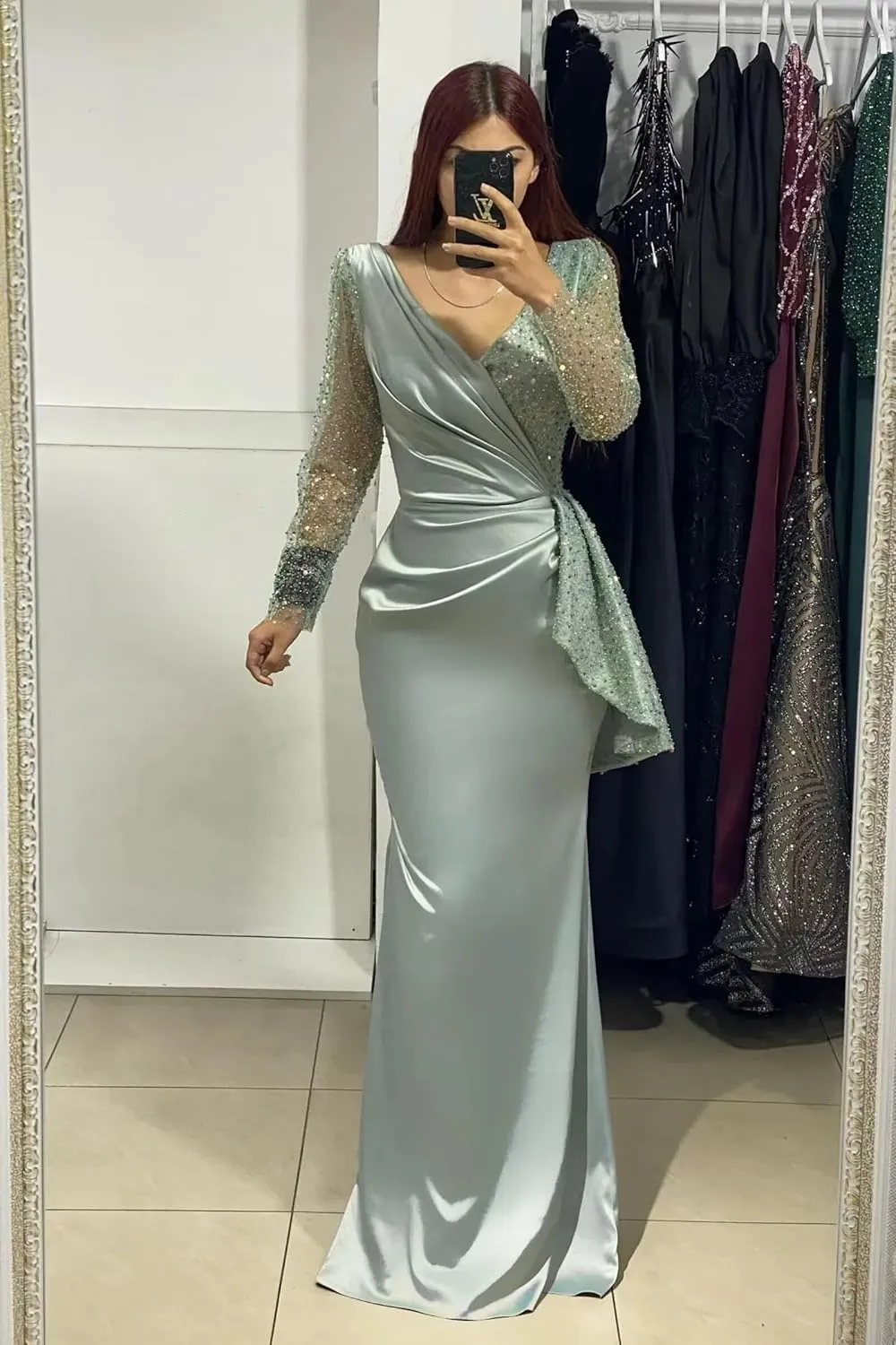 Satin Prom Dress for Women Sparkly Sequin Long Sleeves Mermaid V Neck Formal Evening Party Gowns