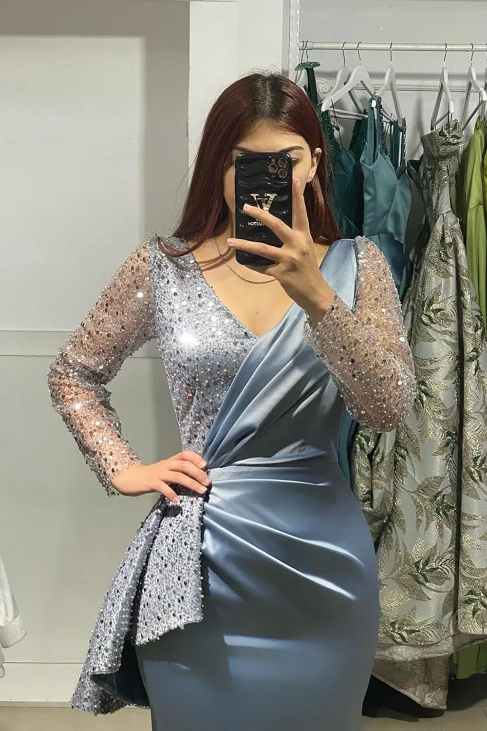 Satin Prom Dress for Women Sparkly Sequin Long Sleeves Mermaid V Neck Formal Evening Party Gowns