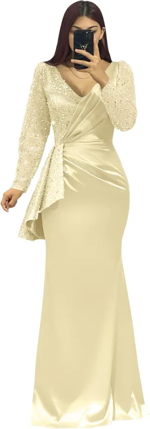 Satin Prom Dress for Women Sparkly Sequin Long Sleeves Mermaid V Neck Formal Evening Party Gowns