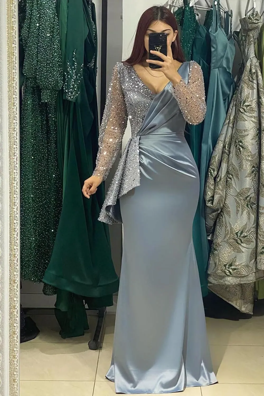 Satin Prom Dress for Women Sparkly Sequin Long Sleeves Mermaid V Neck Formal Evening Party Gowns