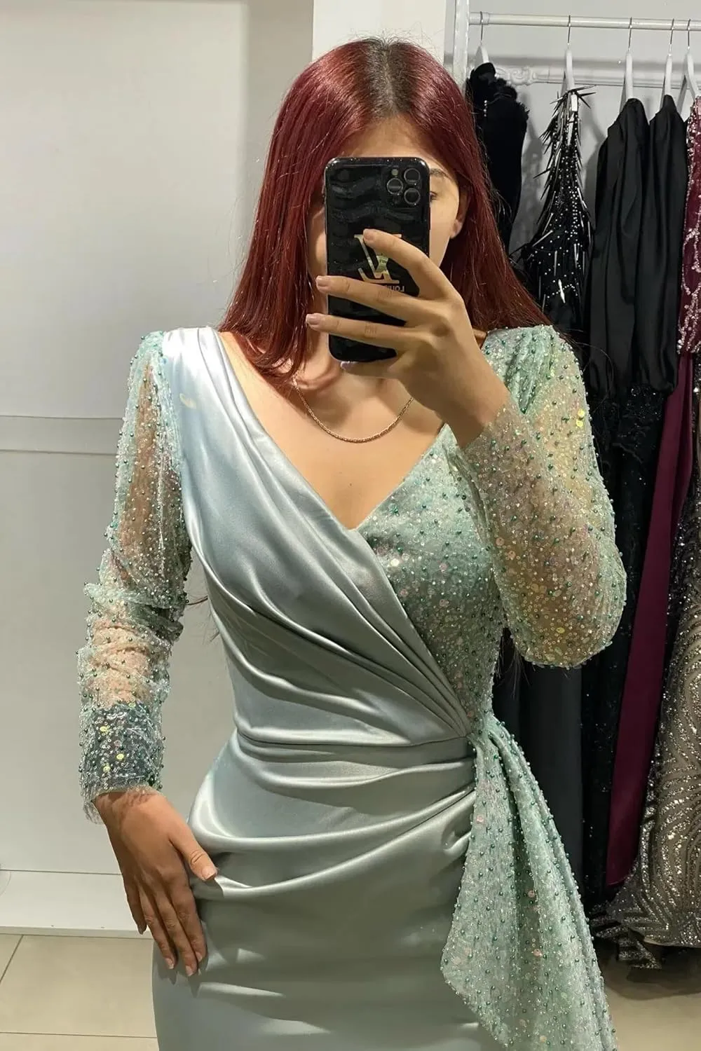 Satin Prom Dress for Women Sparkly Sequin Long Sleeves Mermaid V Neck Formal Evening Party Gowns