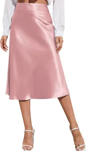 Satin Skirts for Women High Waisted Elegant Midi Length Dress Skirt with Front Tie Detail and Flowy Silhouette