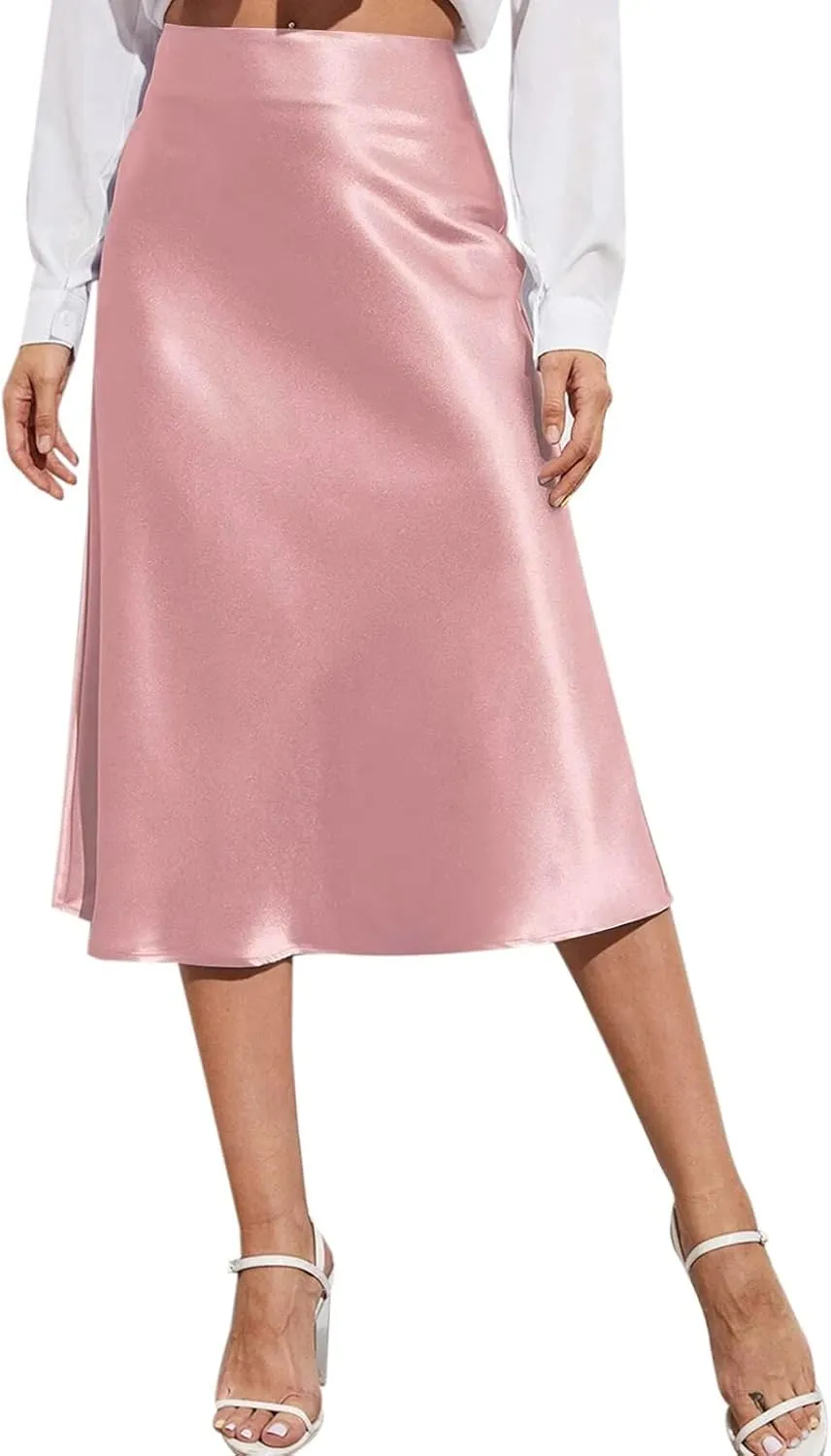 Satin Skirts for Women High Waisted Elegant Midi Length Dress Skirt with Front Tie Detail and Flowy Silhouette
