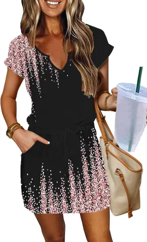 SAUKOLE Women Summer T Shirt Dress Casual Short Sleeve V Neck Dress with Pockets Drawstring Waist Short Dresses