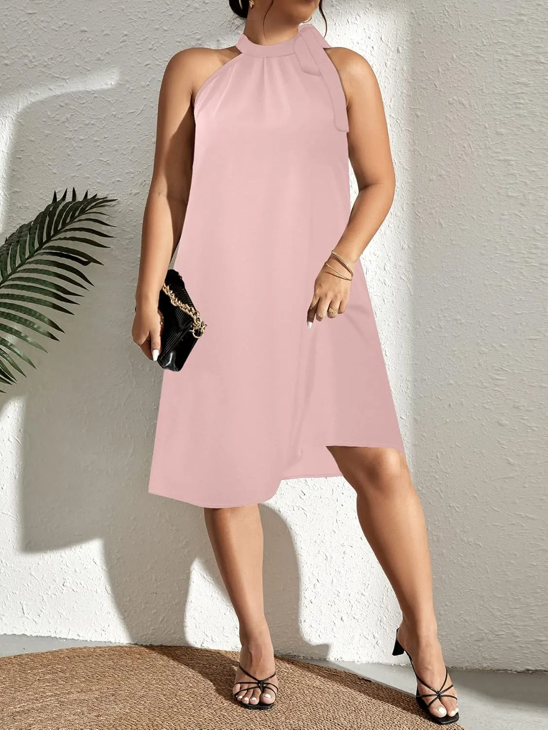 SCOMCHIC Plus Size Women's Halter Neck Sleeveless Midi Dress Summer Casual Loose Tank Top Beach Sundress