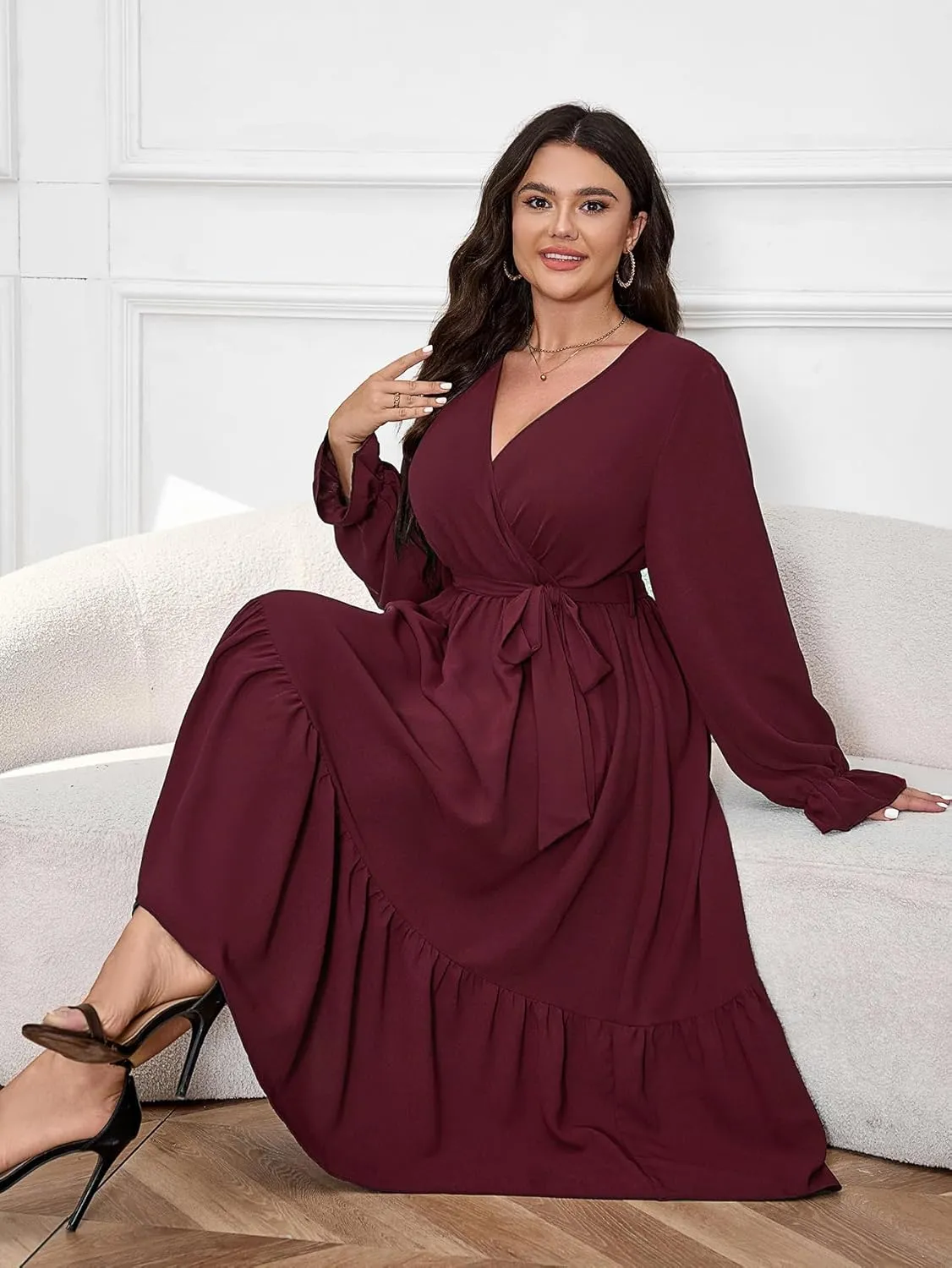 SCOMCHIC Womens Plus Size Wedding Guest Dresses Long Sleeve Faux Wrap V Neck Belted A-Line Flowy Maxi Cocktail Dress