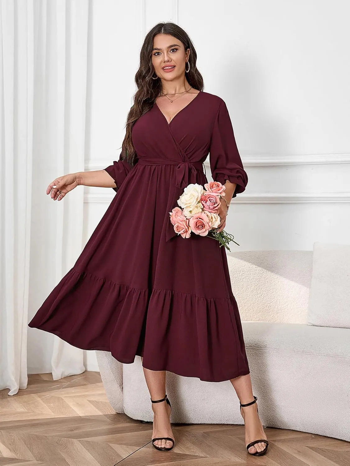 SCOMCHIC Womens Plus Size Wedding Guest Dresses Long Sleeve Faux Wrap V Neck Belted A-Line Flowy Maxi Cocktail Dress