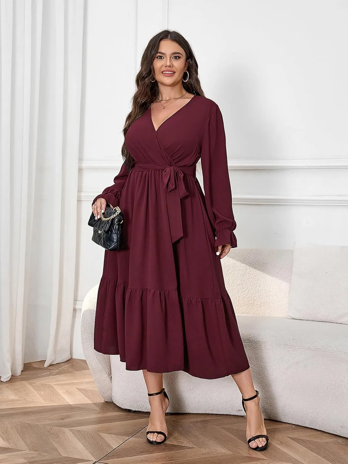 SCOMCHIC Womens Plus Size Wedding Guest Dresses Long Sleeve Faux Wrap V Neck Belted A-Line Flowy Maxi Cocktail Dress