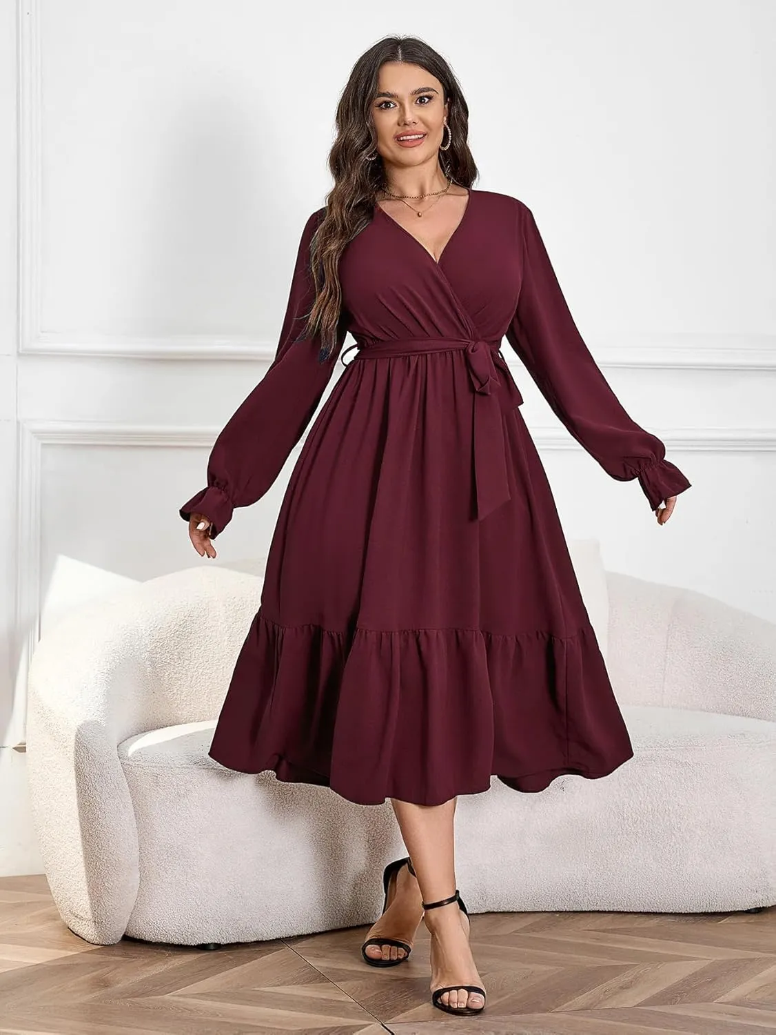 SCOMCHIC Womens Plus Size Wedding Guest Dresses Long Sleeve Faux Wrap V Neck Belted A-Line Flowy Maxi Cocktail Dress