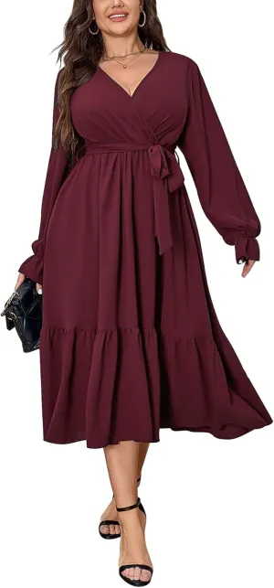 SCOMCHIC Womens Plus Size Wedding Guest Dresses Long Sleeve Faux Wrap V Neck Belted A-Line Flowy Maxi Cocktail Dress