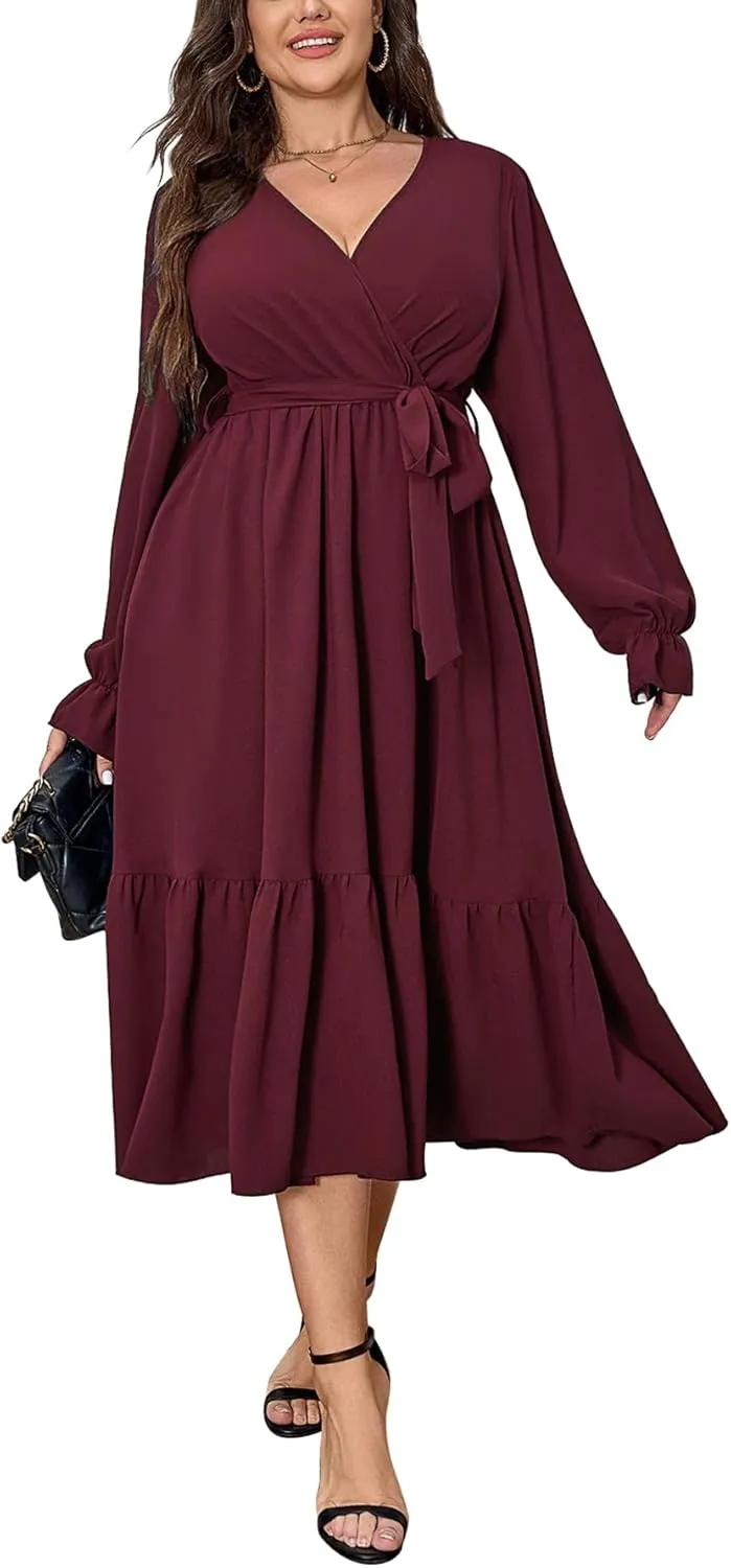 SCOMCHIC Womens Plus Size Wedding Guest Dresses Long Sleeve Faux Wrap V Neck Belted A-Line Flowy Maxi Cocktail Dress