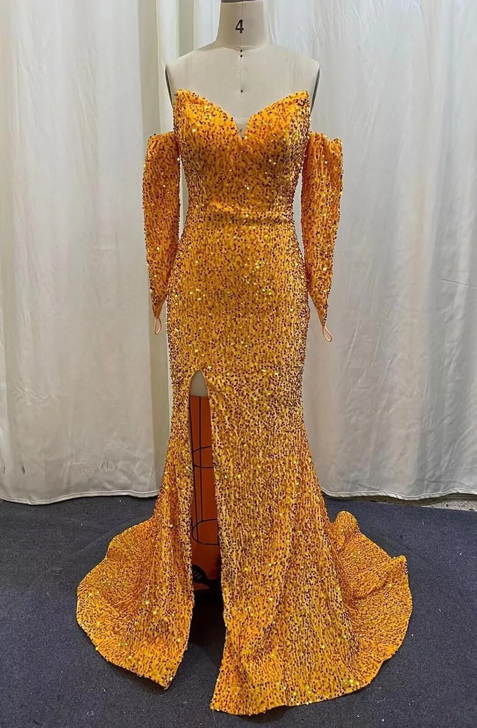 Sequin Mermaid Evening Dresses with Sleeves Detachable Sparkly Prom Dresses with Slit Homecoming Dresses Long