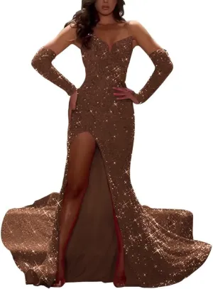 Sequin Mermaid Evening Dresses with Sleeves Detachable Sparkly Prom Dresses with Slit Homecoming Dresses Long