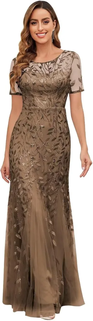 Sequin Mother of The Bride Dresses for Women Long Tulle Mermaid Formal Evening Gown with Sleeves