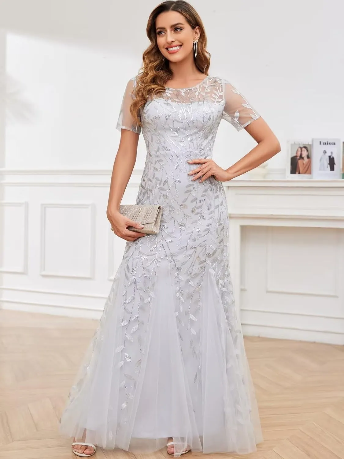 Sequin Mother of The Bride Dresses for Women Long Tulle Mermaid Formal Evening Gown with Sleeves