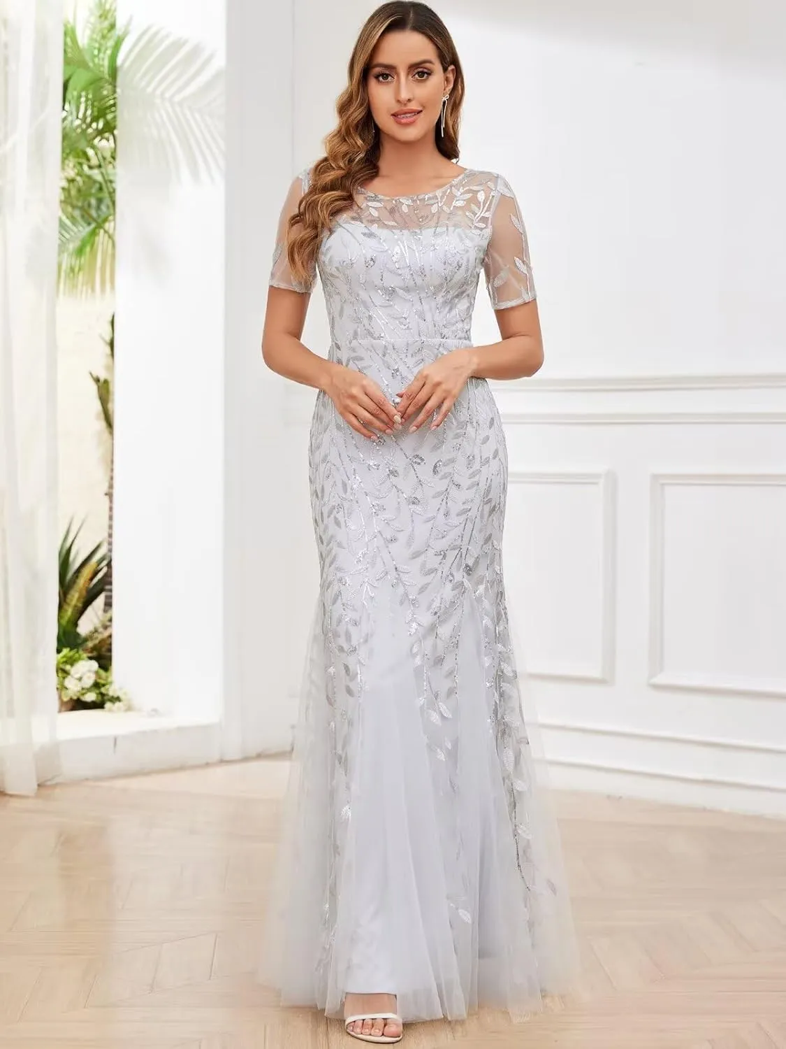 Sequin Mother of The Bride Dresses for Women Long Tulle Mermaid Formal Evening Gown with Sleeves