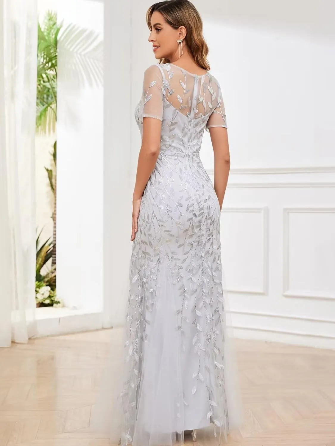 Sequin Mother of The Bride Dresses for Women Long Tulle Mermaid Formal Evening Gown with Sleeves